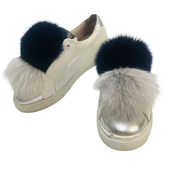 Here Now Shoes - Here Now Fox Pom Pom Sneakers Platform Shoes Slip On Size 6.5 White Leather